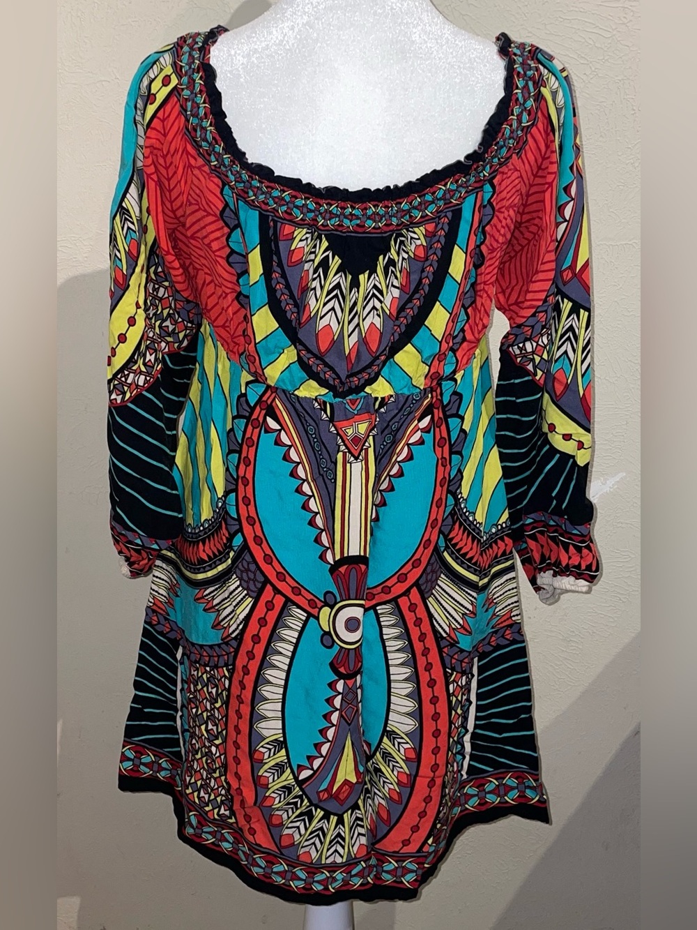 Flying Tomato Women’s Size L Boho Tunic Blouse Rayon Tribal Dashiki Festival Tie - Picture 3 of 7